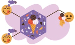 Illustration of ice-cream and three faces, two licking lips and one scowling