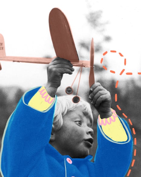 A collaged image shows a toddler in a blue coat holding up a toy airplane against the sky