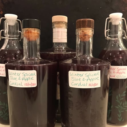 Bottles of homemade sloe cordial