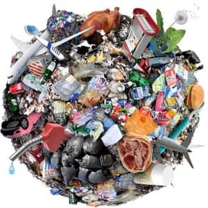 Climate change illustration of rubbish and meat and vehicles