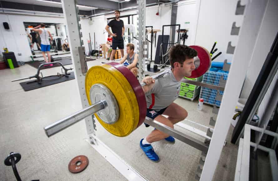 Tom Barras, one of the men’s quadruple sculls team who won silver in Tokyo, in the gym at the national training complex.
