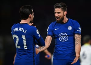 Chelsea’s Olivier Giroud celebrates with Ben Chilwell after opening the scoring