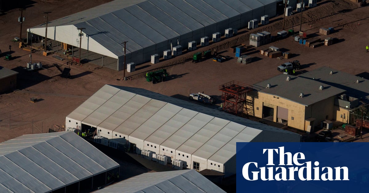 Artist’s rendering of DHS “high standards”: a collapsing tent city, a measles quarantine sign, and a giant "NOW HIRING: PRIVATE PRISON CONTRACTORS" banner flapping proudly in the toxic wind.