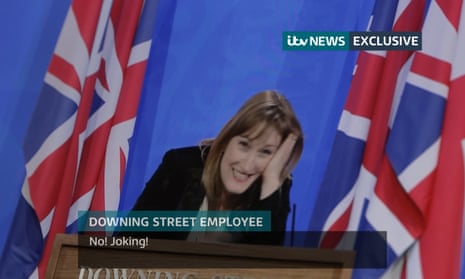 Video still of Allegra Stratton at a press briefing rehearsal in Downing Street, joking about a Christmas party.