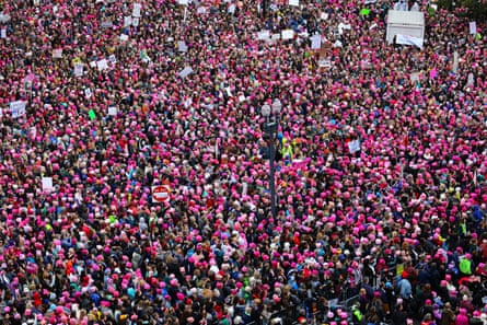 A view of the 2017 Women’s March taken from the rooftop of the Voice of America building, overlooking Independence Avenue in Washington DC. The majority of women are wearing pink “pussy” hats.