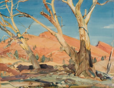A painting of two gum trees standing in front of red rocky hills in a dry landscape