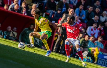 Ali Ahmed dribbles past Kayne Ramsay during Norwich’s Championship encounter with Charlton at the Valley earlier this month