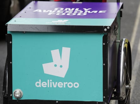 The Deliveroo logo on a bicycle in London.