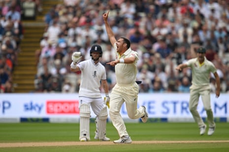 Scott Boland unsuccessfully appeals for the wicket of Zak Crawley.