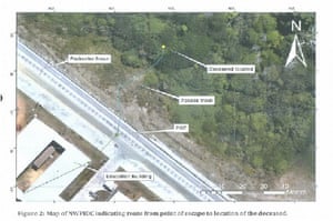 This image from the coronial inquest shows Fazel Chegeni’s escape route and where his body was later found.