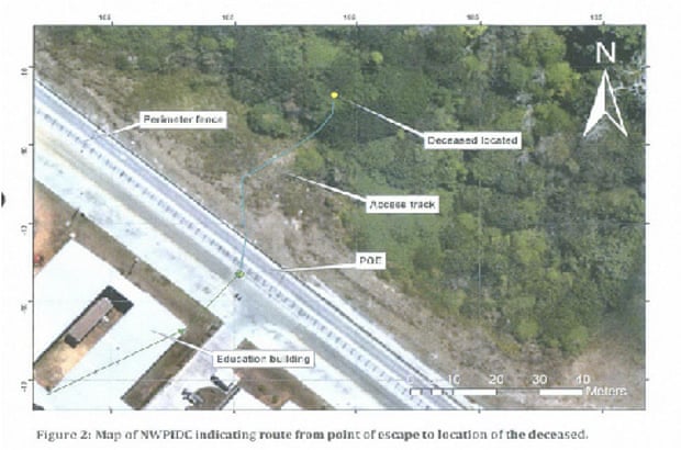 This image from the coronial inquest shows Fazel Chegeni’s escape route and where his body was later found.