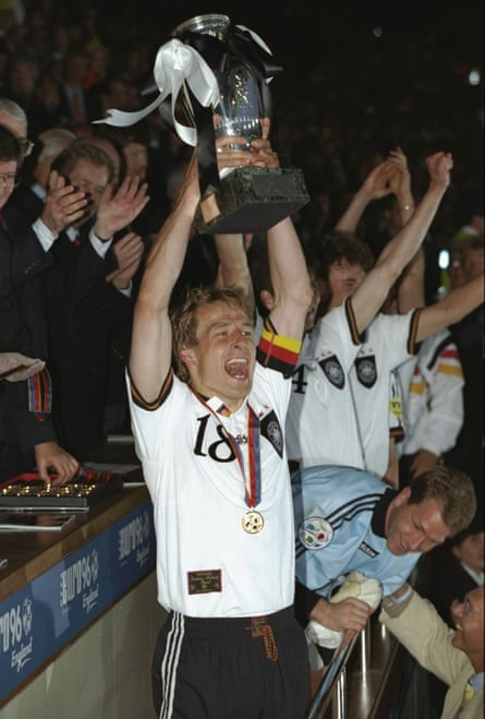 Jürgen Klinsman lifts the trophy after Germany’s victory against Czech Republic in the Euro 96 final.