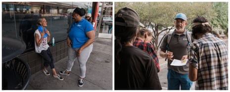 Left: City of Phoenix caseworker Mia Stanford gives out a cooling towel. Right: Volunteer Ray Miller gives unsheltered community members a map of nearby cooling centers.