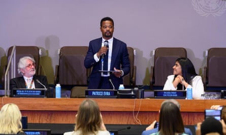 Patrice Evra speaks at the UN general assembly.