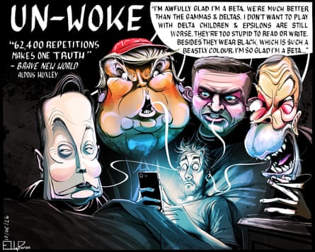 A cartoon depicting social media disinformation, alongside a quote from Aldous Huxley's Brave New World '62,400 repetitions make one truth'.