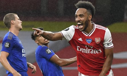 Pierre-Emerick Aubameyang celebrates opening the scoring for Arsenal