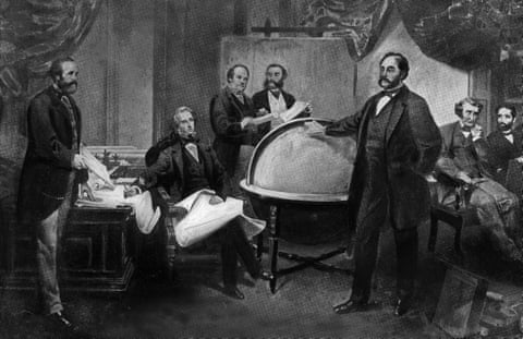 Illustration shows Russian and American diplomats as they sign the Treaty of Cession