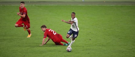 Raheem Sterling troubles Denmark’s defence during England’s Euro 2020 semi-final win.