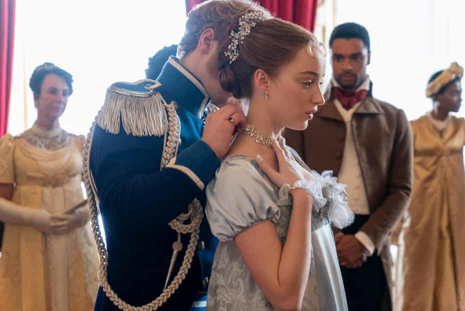 L-r: Freddie Stroma as Prince Friederich, Phoebe Dynevor as Daphne Bridgerton and René-Jean Page as the Duke of Hastings in Bridgerton.