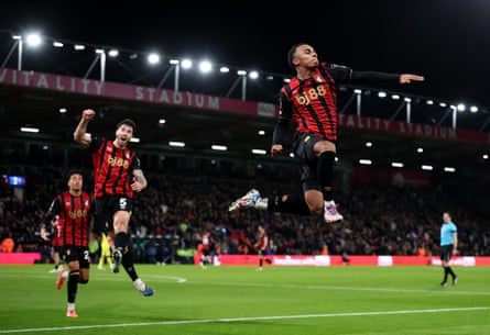 Eli Junior Kroupi celebrates scoring against Tottenham