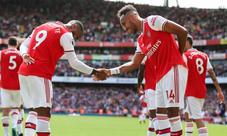 Arsenal v Burnley, UK - 17 Aug 2019<br>EDITORIAL USE ONLY No use with unauthorised audio, video, data, fixture lists (outside the EU), club/league logos or "live" services. Online in-match use limited to 45 images (+15 in extra time). No use to emulate moving images. No use in betting, games or single club/league/player publications/services. Mandatory Credit: Photo by Arron Gent/JMP/REX/Shutterstock (10363800r) Pierre-Emerick Aubameyang of Arsenal celebrates scoring to make it 2-1 with Alexandre Lacazette Arsenal v Burnley, UK - 17 Aug 2019