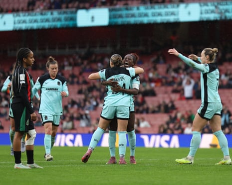 Khyah Harper of Gotham FC celebrates scoring her team's first goal with teammate Mandy Freeman during the FIFA Women's Champions Cup 2026 Third Place Play Off match between ASFAR and Gotham FC at Arsenal Stadium on February 01, 2026 in London, England.