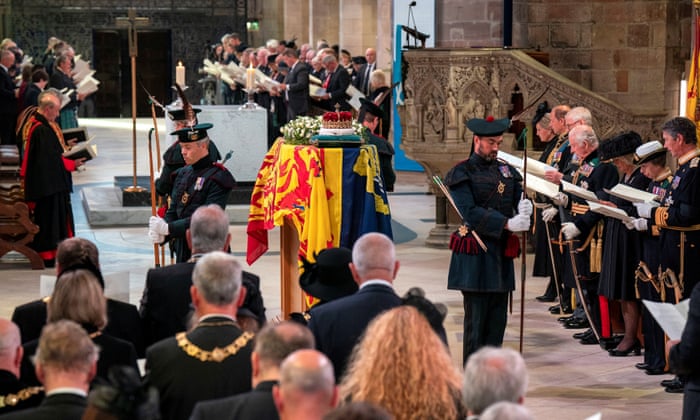 King Charles, the Queen Consort Camilla, Anne, Princess Royal, Prince Andrew, Duke of York and Prince Edward, Earl of Wessex, and Vice Admiral Sir Tim Laurence attend a service of prayer and reflection for Queen Elizabeth II at St Giles' Cathedral, Edinburgh.
