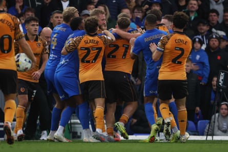 Birmingham and Hull players square up at St Andrew’s.