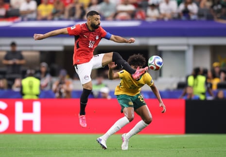 Mohamed Salah of Egypt controls the ball against Lucas Herrington of Australia.