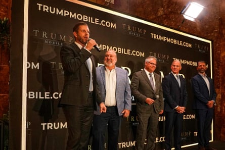 Eric Trump, Don Hendrickson, Eric Thomas, Patrick O’Brien and Donald Trump Jr announce the Trump Mobile, in New York’s Trump Tower in June.