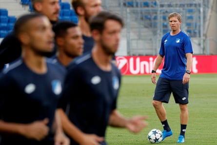 Julian Nagelsmann watches his Hoffenheim players in training on Monday