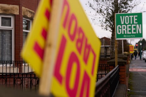 An upside down Vote Labour sign in Gorton, Manchester.