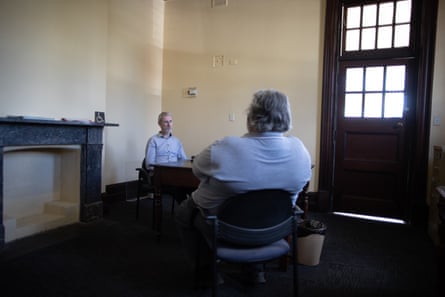 Patrick O’Callaghan talks to client Greg Morris in Bourke, Monday 15 May 2023.