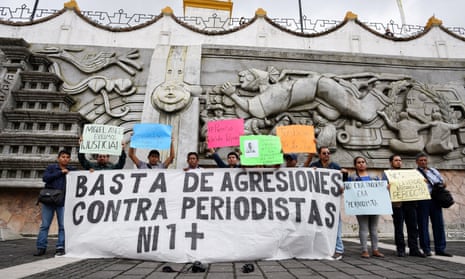 Journalists hold a banner during a protest to demand justice for the killing of their colleague Leobardo Vazquez in Veracruz state, Mexico on 22 March.
