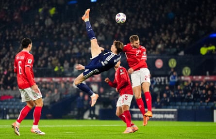 Scott McTominay scores Scotland’s first goal against Denmark with a bicycle kick