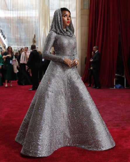 Janelle Monae in a metallic hooded Ralph Lauren dress