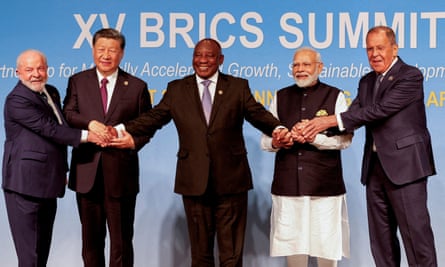 President of Brazil Luiz Inacio Lula da Silva, president of China Xi Jinping, South African president Cyril Ramaphosa, prime minister of India Narendra Modi and Russia’s foreign minister Sergei Lavrov at the Brics summit in Johannesburg, August 2023