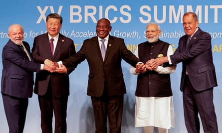 From left: the president of Brazil, Luiz Inácio Lula da Silva, the president of China, Xi Jinping, South African president, Cyril Ramaphosa, the prime minister of India, Narendra Modi, and Russia’s foreign minister, Sergei Lavrov, pose for a photo during the 2023 Brics summit in Johannesburg.