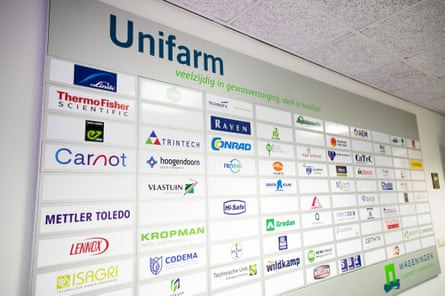 information at the entrance to show all the companies that sponsor research at Unifarm / Wageningen Universty (WUR), Wageningen, The Netherlands Photography Judith Jockel