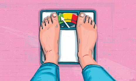 Illustration of feet on scales with the arrow pointing to green. On a pink background
