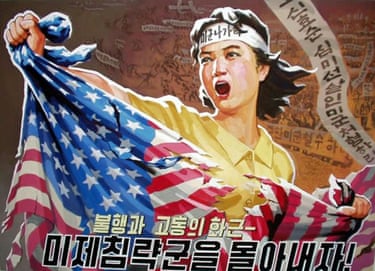 A woman ripping an American flag is depicted in a North Korean propaganda poster with a headband marked ‘US military out!’ Its main heading: ‘Repel the American invader’