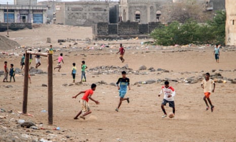 Yemeni children play soccer in the port town of Mokha. Ali Shawish says of his childhood in Yemen: ‘We’d play soccer from morning till the sun went down.’