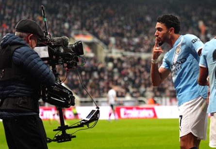 Omar Marmoush poses in front of the camera after scoring for Manchester City