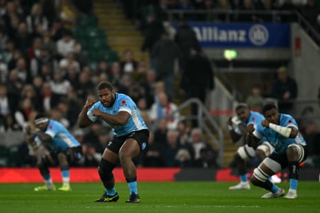 Fiji players perform the cibi ahead of the Autumn Nations Series match against England.