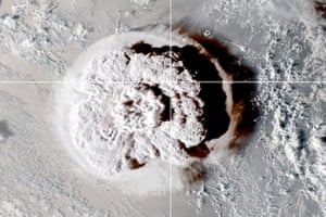 An image from the NOAA GOES-West satellite of Hunga Tonga-Hunga Ha’apai erupting