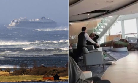 Composite showing the stranded Viking Sky cruise ship in Norway and passenger footage from on board the vessel as chairs and other furniture roll dangerously across the ship’s floor