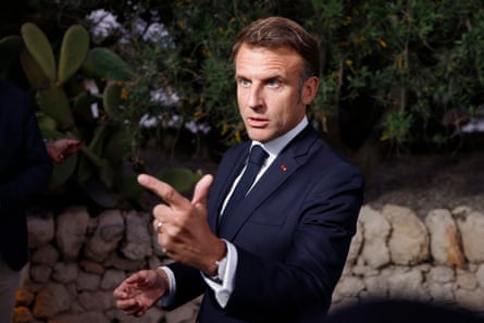 Emmanuel Macron speaks to the media during the G7 summit in Italy on Friday.
