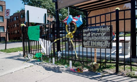 A memorial where 26-year-old Chantell Grant and 35-year-old Andrea Stoudemire were shot and killed on 28 July in the South Side of Chicago.