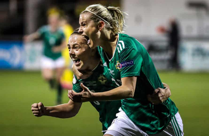 Northern Ireland’s Nadene Caldwell and Simone Magill celebrate defeat of Ukraine.