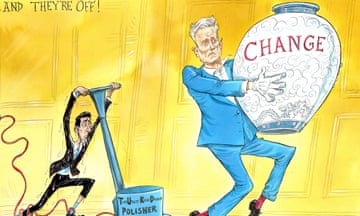 Keir Starmer tiptoeing with a Ming vase labelled ‘Change’ in his kid-gloved hands followed by Rishi Sunak dripping wet and struggling to push an unplugged floor polisher labelled ‘T-ory U-tility R-otor D-riven Polisher’